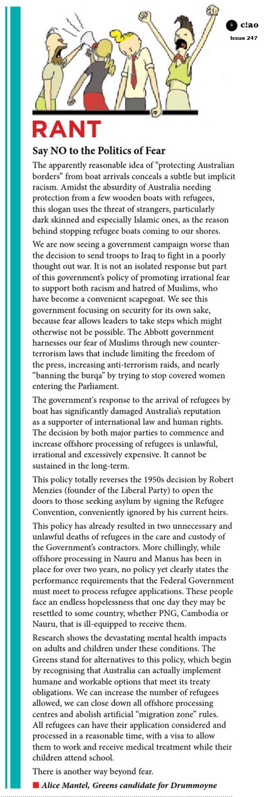 Say NO to the politics of fear – Opinion piece for Ciao magazine, November 2014