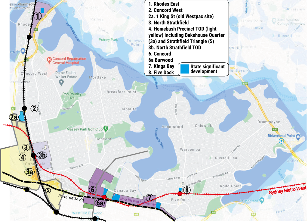 Map of Canada Bay LGA showing main current development hotspots
