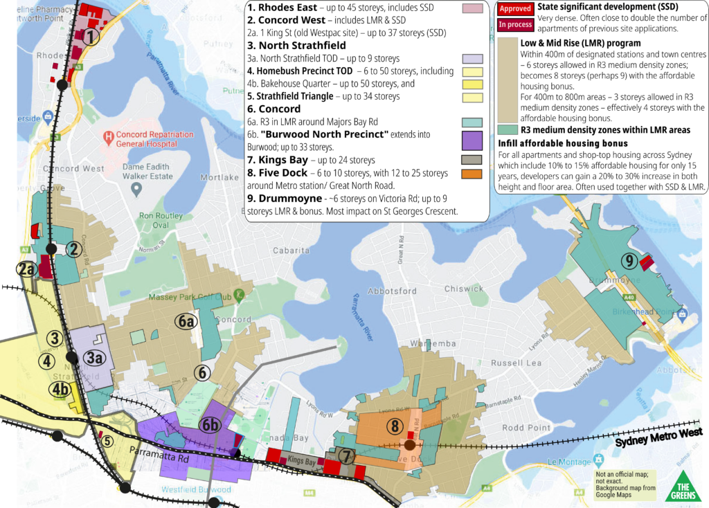 Map of Canada Bay LGA showing main current development hotspots (to May 2026)