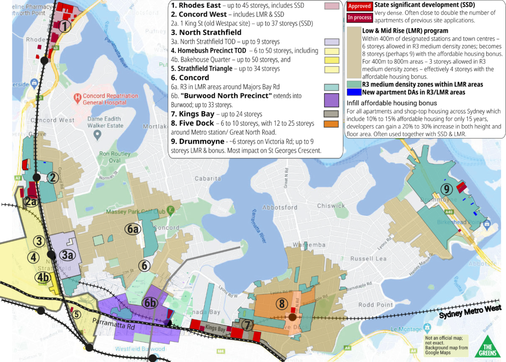 Map of Canada Bay LGA showing main current development hotspots (to May 2026)